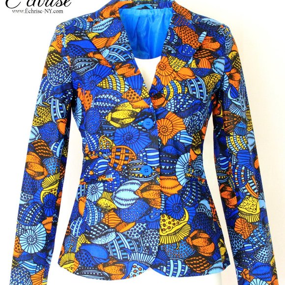 NWT Geometric African Print Blazer - Royal Blue - Picture 1 of 8